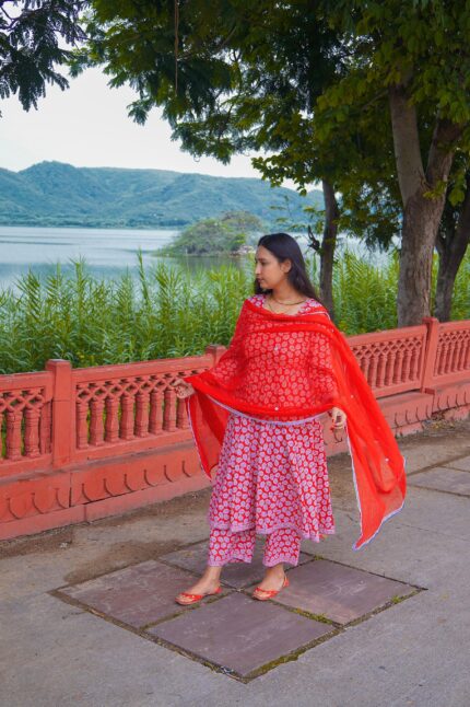 Ruby Petal Block Print Anarkali Set