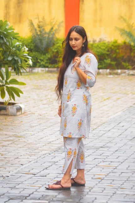 Grey Marigold Cotton Kurta Set